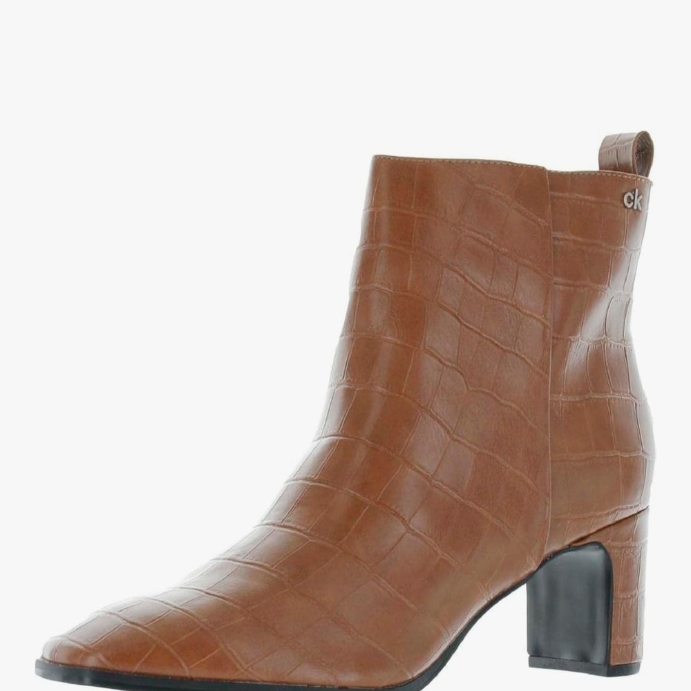 Calvin Klein Croc-Embossed Tan Ankle Booties